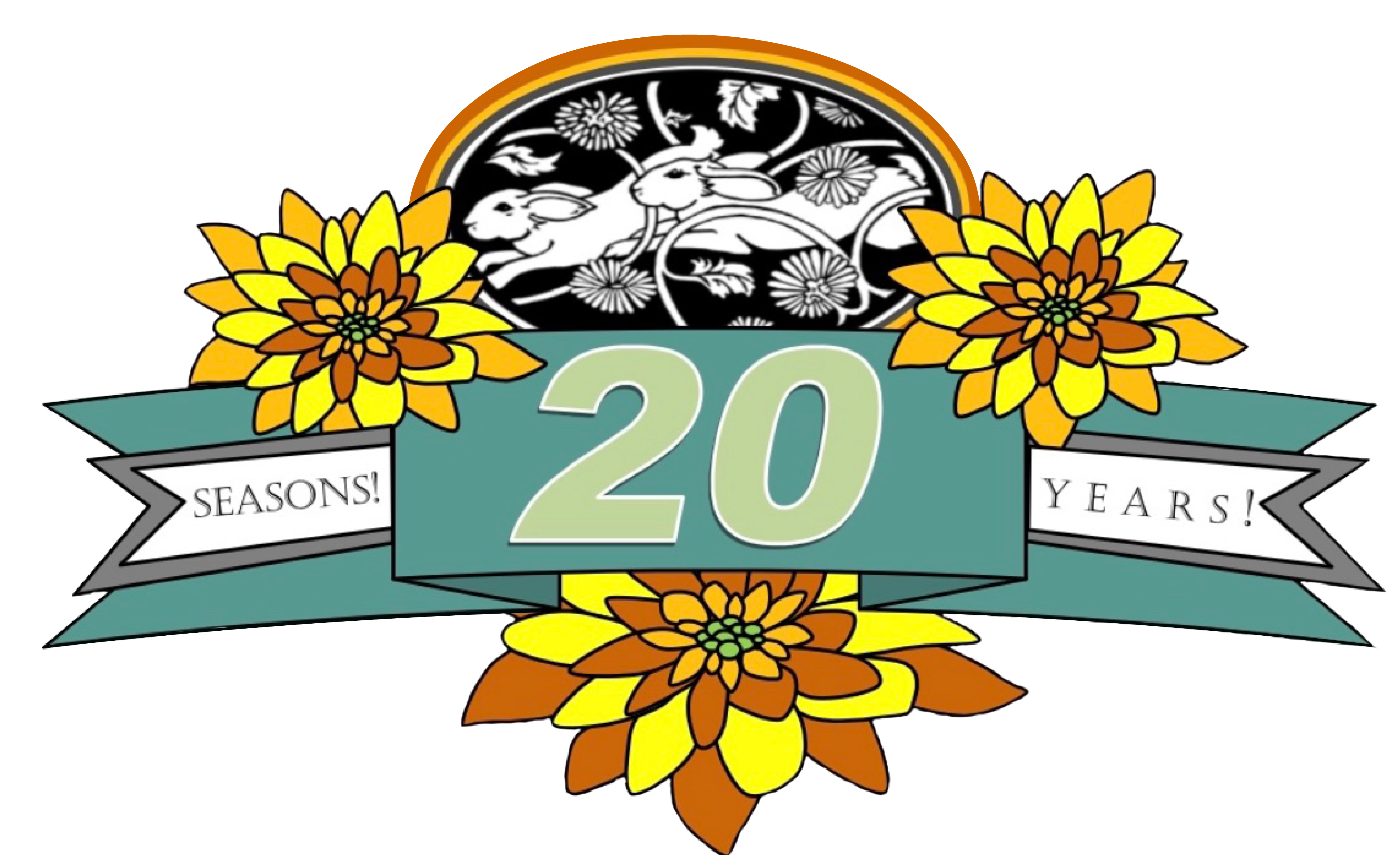 Stonegate Gardens emblem with a 20 Seasons ribbon and chrysanthemums
